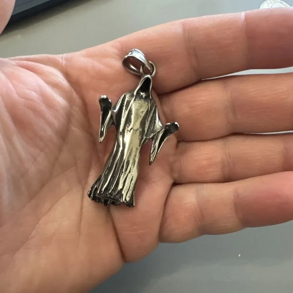 Grim Reaper Pendant Dark Metal Tone Stainless Steel 24” Chain Gothic Punk Monk